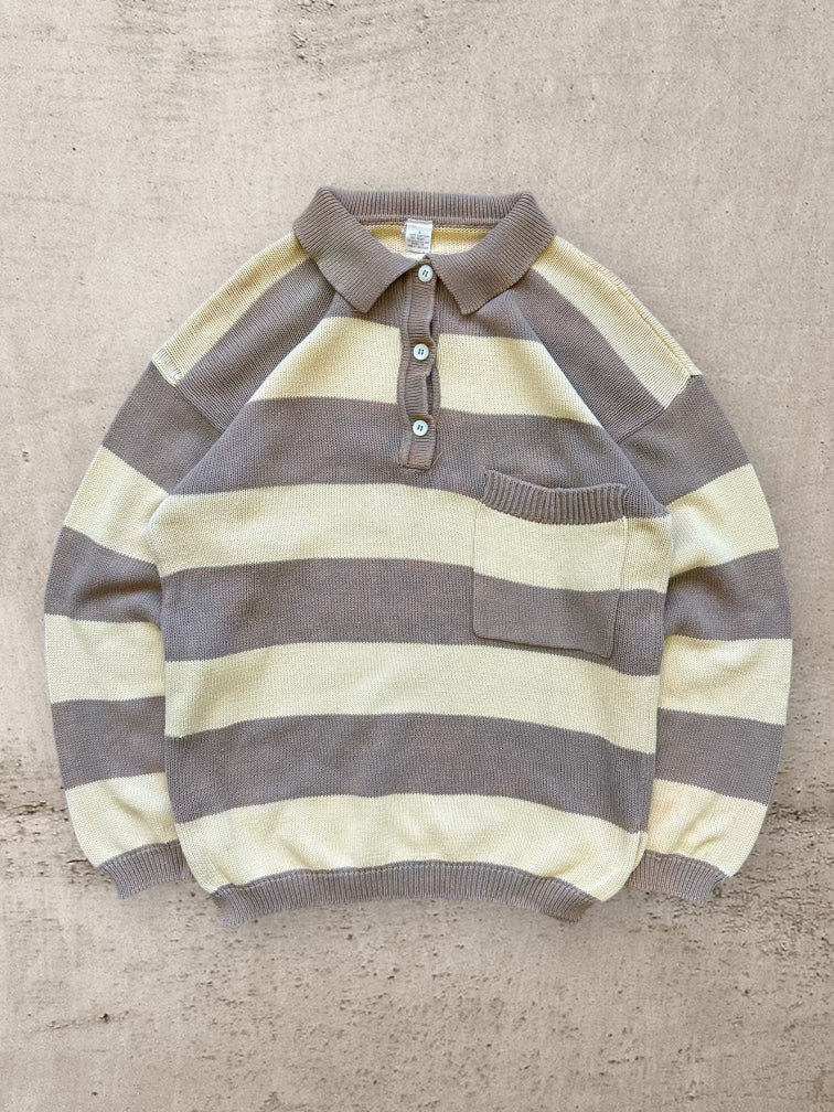 90s Brown & Pale Yellow Polo Knit Sweater - Medium