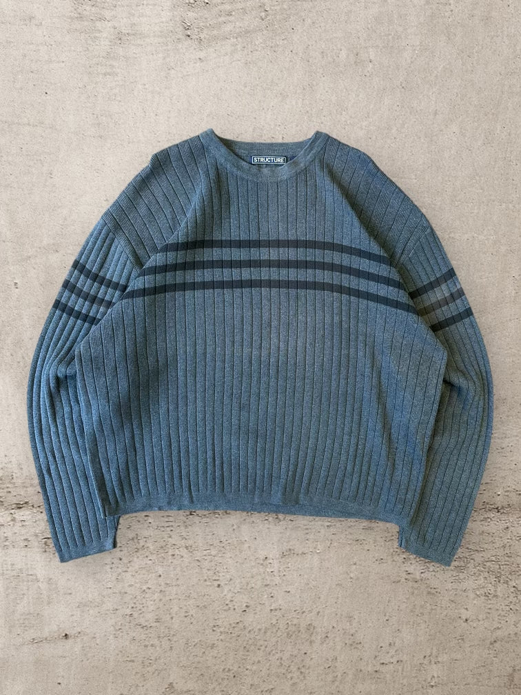 00s Structure Dark Grey & Black Striped Knit Sweater - Large