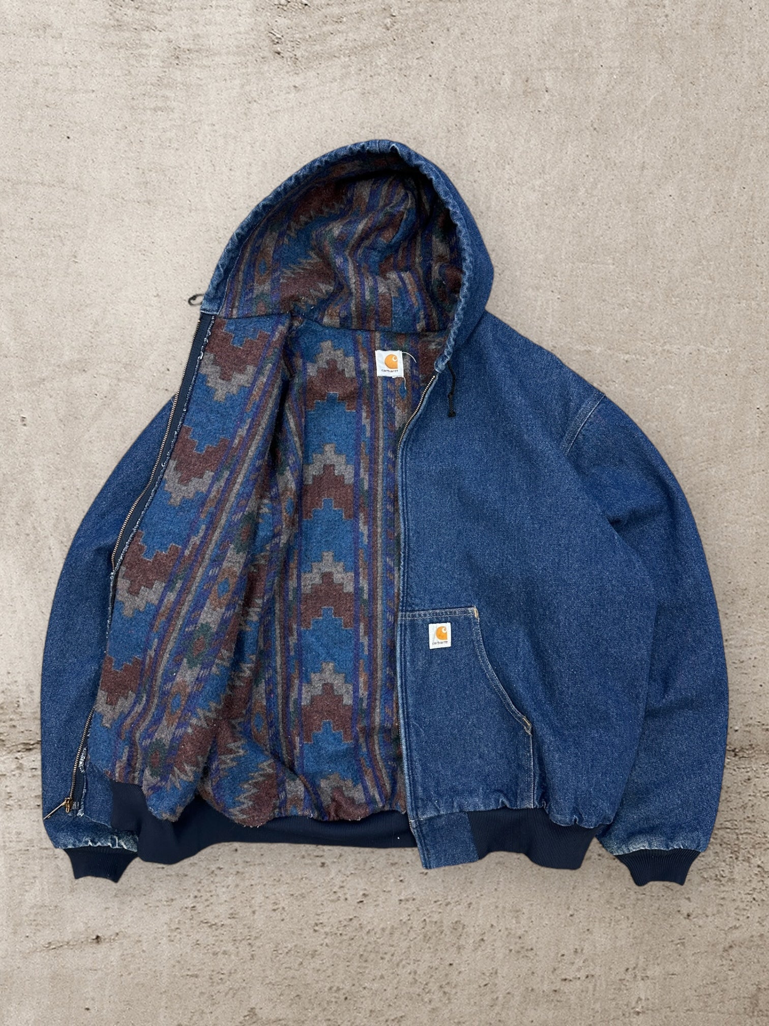 90s Carhartt Blanket Lined Denim Hooded Jacket - XXL