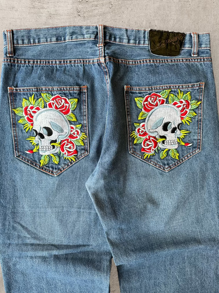00s Ed Hardy Embroidered Skull Denim Jeans - 38x31