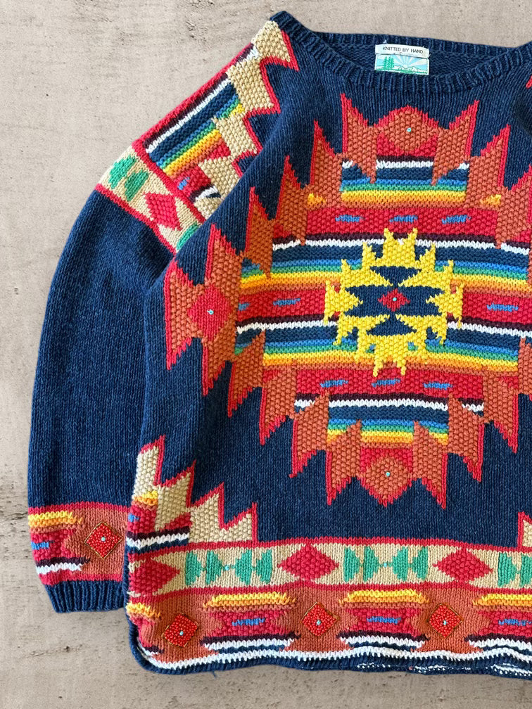 90s Knitted By Hand Native Knit Sweater - Large
