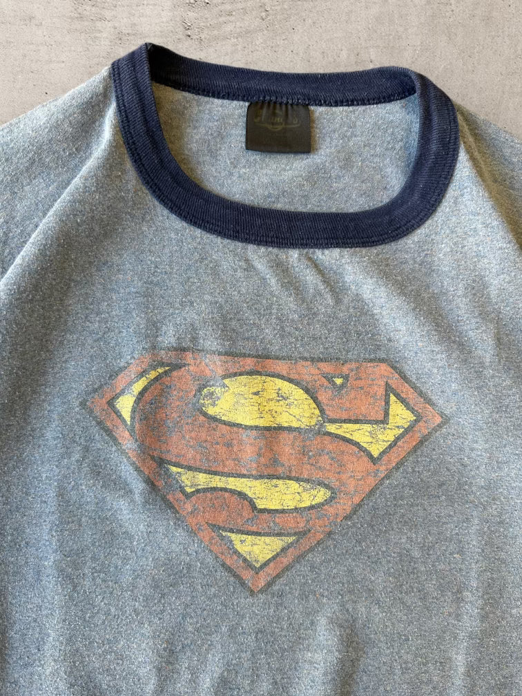 90s Superman Faded Ringer T-Shirt - Large