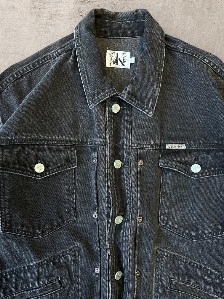 90s Calvin Klein Riveted Black Denim Jacket - XL