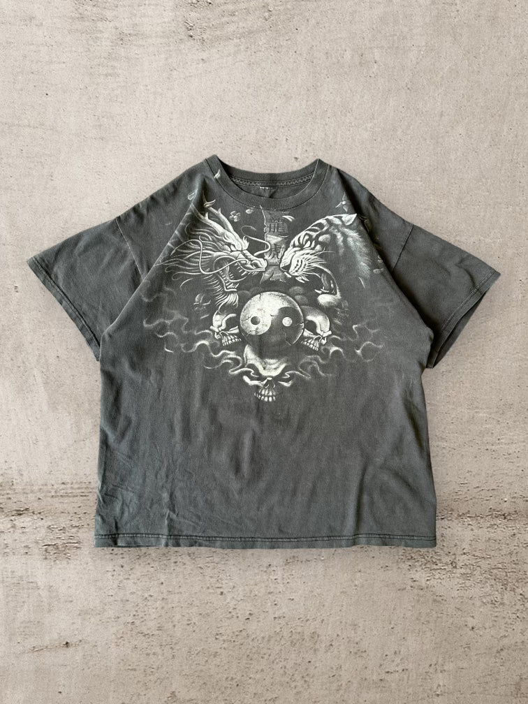 00s Ying Yang Skull Graphic T-Shirt - Large