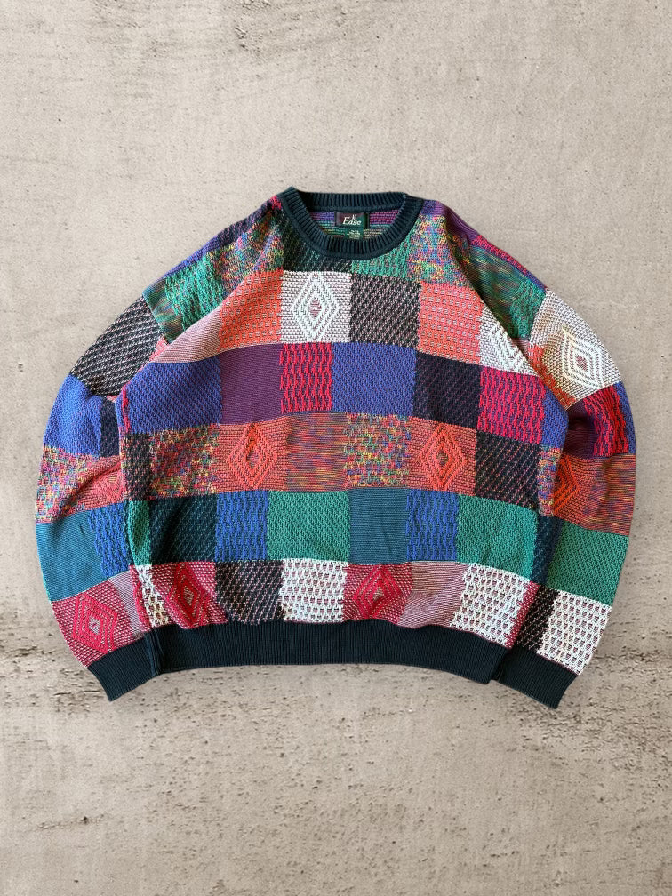 90s At Ease Multicolor Square Patterned Knit Sweater - XXL