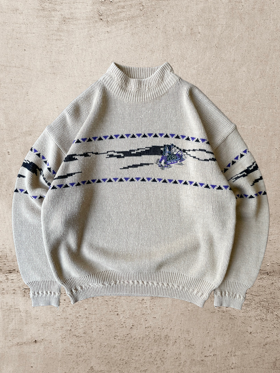 Vintage Mock Neck Embroidered Knit Sweater - Large